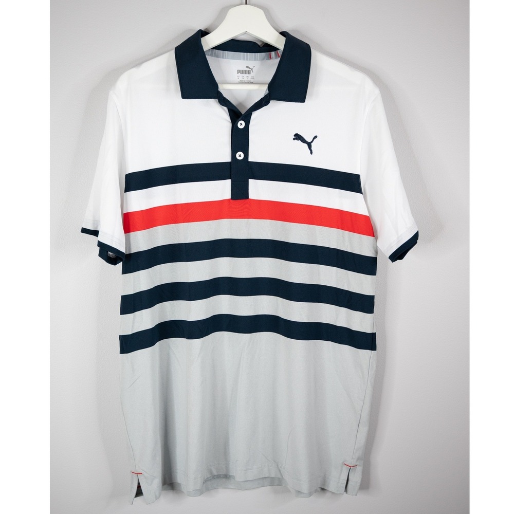 Puma Polo Shirt Mens Medium White Striped Excellent‎ Golf Short Sleeve Sport